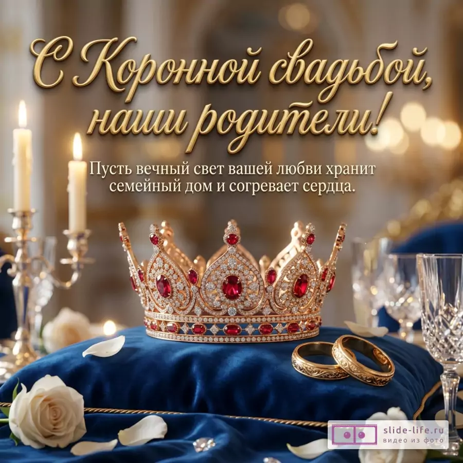 Золотая корона с рубинами и обручальные кольца на синей подушке, свечи, розы. Текст: «С Коронной свадьбой, наши родители! Пусть вечный свет вашей любви хранит семейный дом и согревает сердца.»