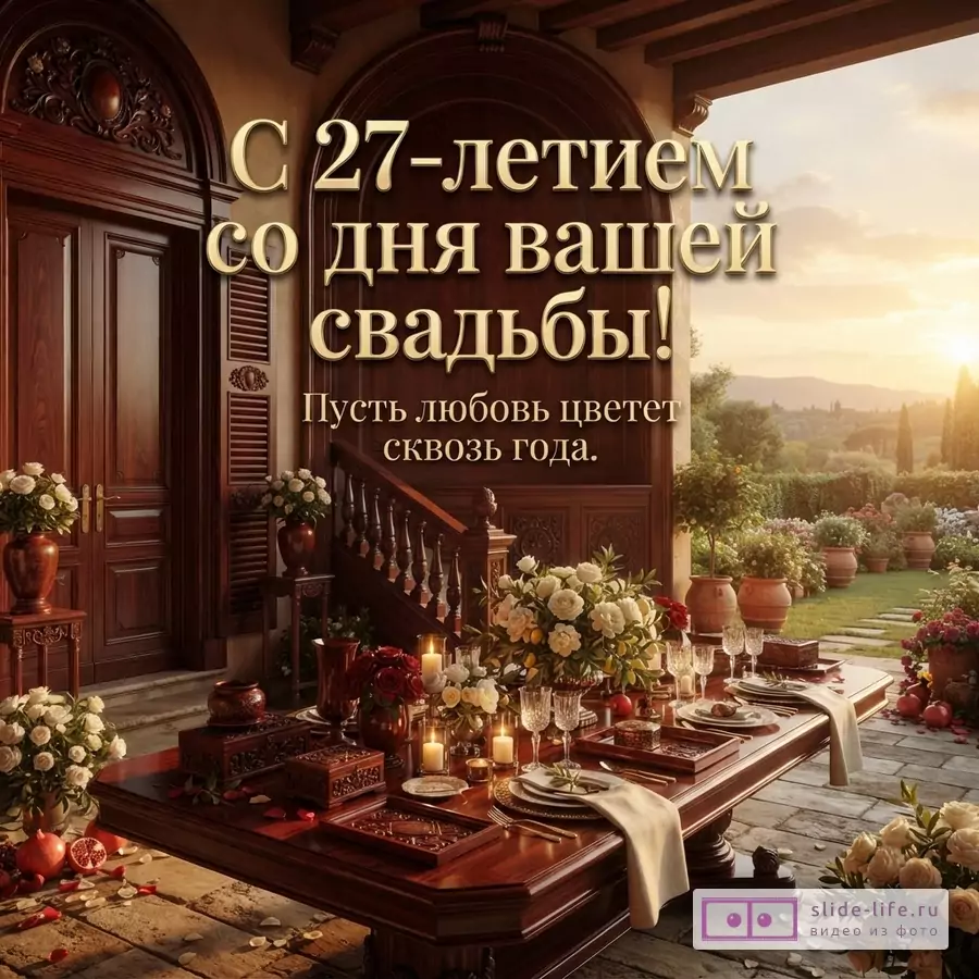 Праздничный стол на террасе, деревянная мебель, белые и красные цветы, свечи, закат, фонтан. Текст: «С 27-летием со дня вашей свадьбы! Пусть любовь цветет сквозь года.»