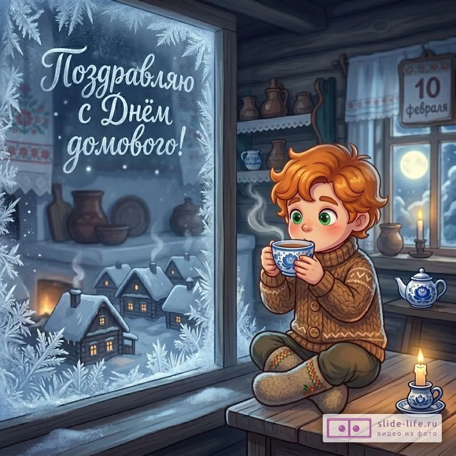Картинка с Днём домового — уютное поздравление с домовым в избе