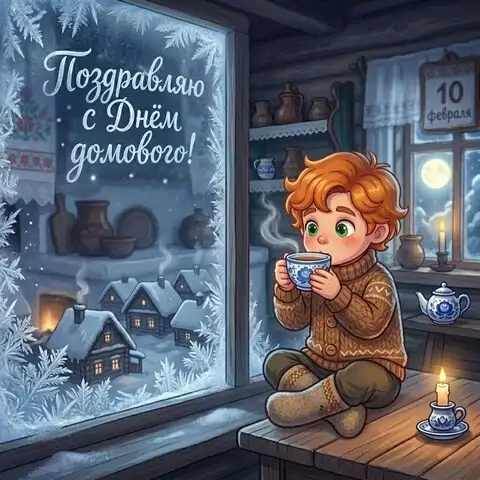 Картинка с Днём домового — уютное поздравление с домовым в избе