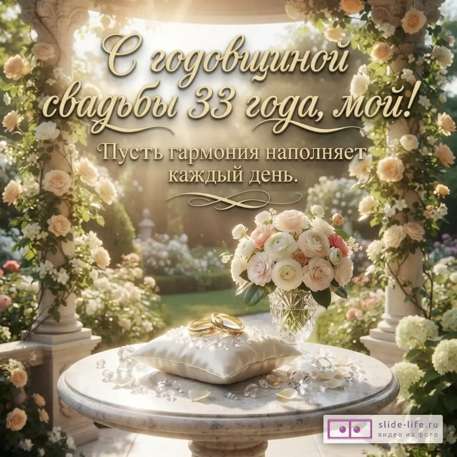 Открытка с бежевым фоном, увитая розами арка. На переднем плане мраморный столик, на нем подушечка с обручальными кольцами, ваза с цветами. Текст: «С годовщиной свадьбы 33 года, мой! Пусть гармония наполняет каждый день.»