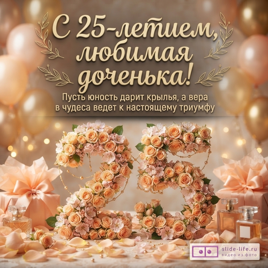 Объемная цифра 25 из персиковых роз, подарочные коробки, флаконы духов и шары с текстом: «С 25-летием, любимая доченька! Пусть юность дарит крылья, а вера в чудеса ведет к настоящему триумфу».