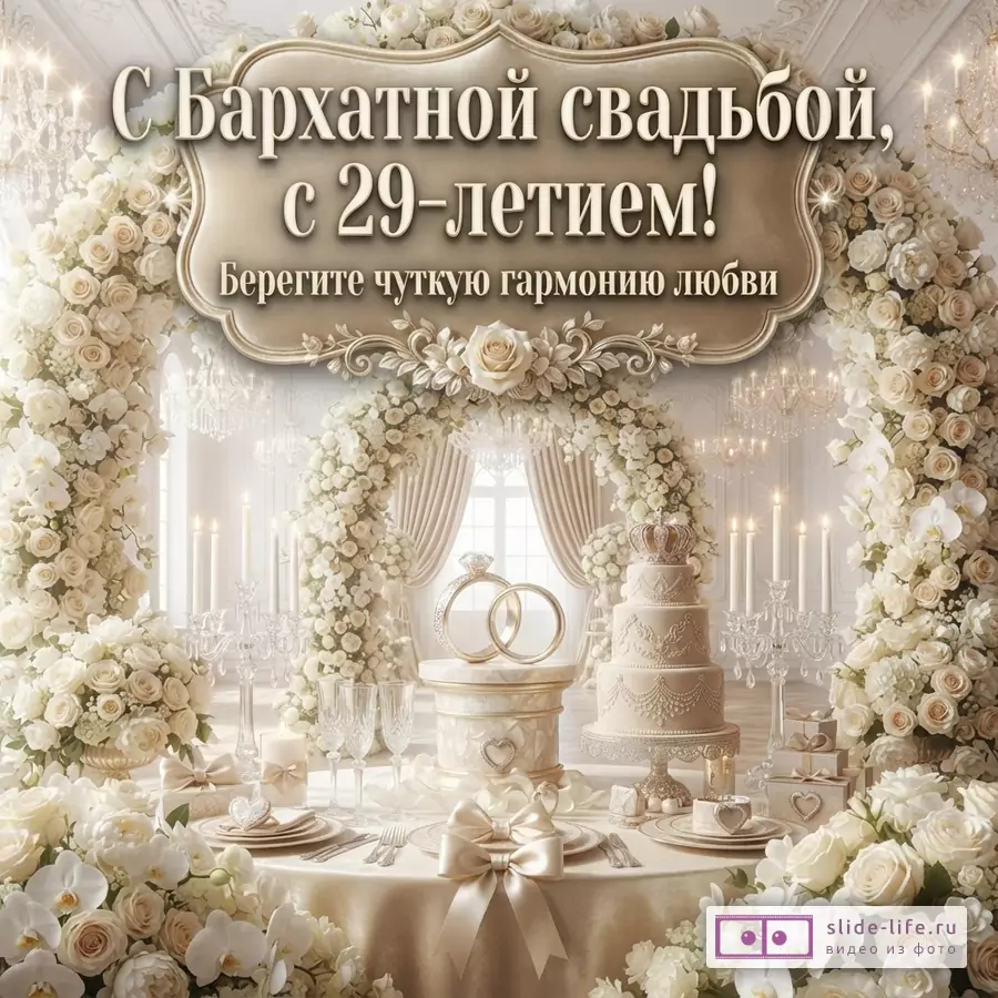 Свадебный стол в бежевых тонах, украшенный белыми розами и орхидеями, свечами, свадебными тортами и кольцами. Наверху надпись: «С Бархатной свадьбой, с 29-летием! Берегите чуткую гармонию любви»