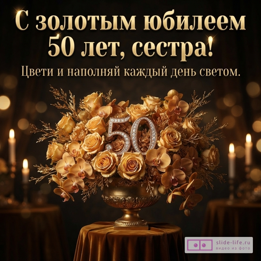 Черный фон, золотой текст, золотой букет роз и орхидей в золотой вазе, цифра «50» со стразами, свечи. Текст: «С золотым юбилеем 50 лет, сестра! Цвети и наполняй каждый день светом.»