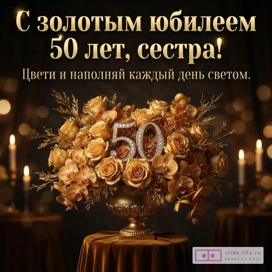 Черный фон, золотой текст, золотой букет роз и орхидей в золотой вазе, цифра «50» со стразами, свечи. Текст: «С золотым юбилеем 50 лет, сестра! Цвети и наполняй каждый день светом.»