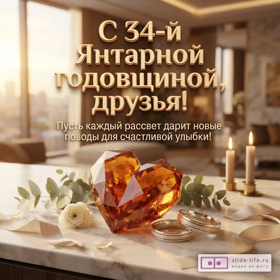 Открытка с янтарным сердцем, двумя обручальными кольцами, белой розой и свечами на мраморной поверхности. Фон размытый интерьер. Текст: «С 34-й Янтарной годовщиной, друзья! Пусть каждый рассвет дарит новые поводы для счастливой улыбки!»