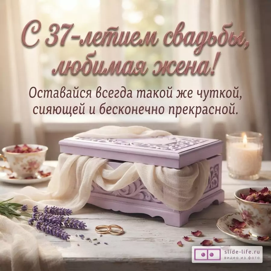 Открытка с фиолетовой шкатулкой, лавандой, обручальными кольцами и чашками с лепестками роз на белом фоне. Текст: «С 37-летием свадьбы, любимая жена! Оставайся всегда такой же чуткой, сияющей и бесконечно прекрасной.»