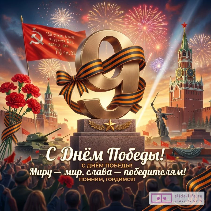 С 9 мая! Открытка с флагом Победы и красными гвоздиками