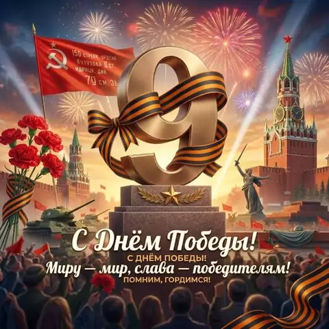 С 9 мая! Открытка с флагом Победы и красными гвоздиками