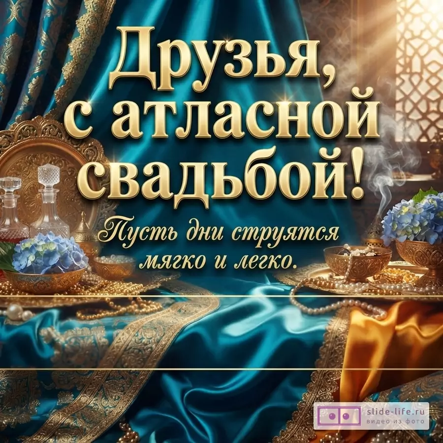 Бирюзовая атласная ткань с золотым декором, жемчуг, хрустальные флаконы и золотая надпись «Друзья, с атласной свадьбой! Пусть дни струятся мягко и легко.»