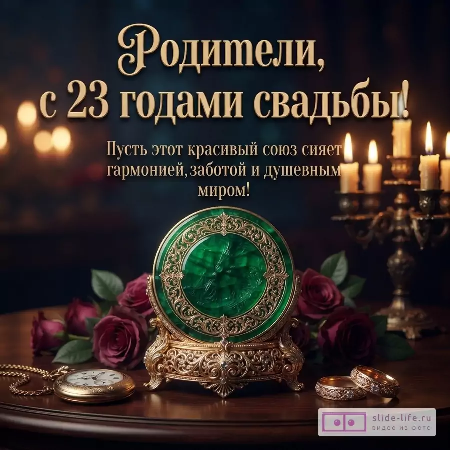 «Родители, с 23 годами свадьбы! Пусть этот красивый союз сияет гармонией, заботой и душевным миром!» на темном фоне, зеленый медальон, розы и свечи.