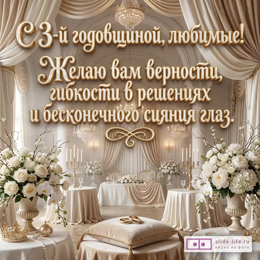 Бежево-золотой зал с драпировками, люстрами, свечами, белыми цветами, кольцами и текстом «С 3-й годовщиной, любимые! Желаю вам верности, гибкости в решениях и бесконечного сияния глаз.»