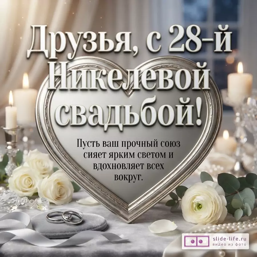 Открытка с фоном из свечей и цветов, в центре серебряная рамка в форме сердца. Текст: «Друзья, с 28-й Никелевой свадьбой! Пусть ваш прочный союз сияет ярким светом и вдохновляет всех вокруг.»