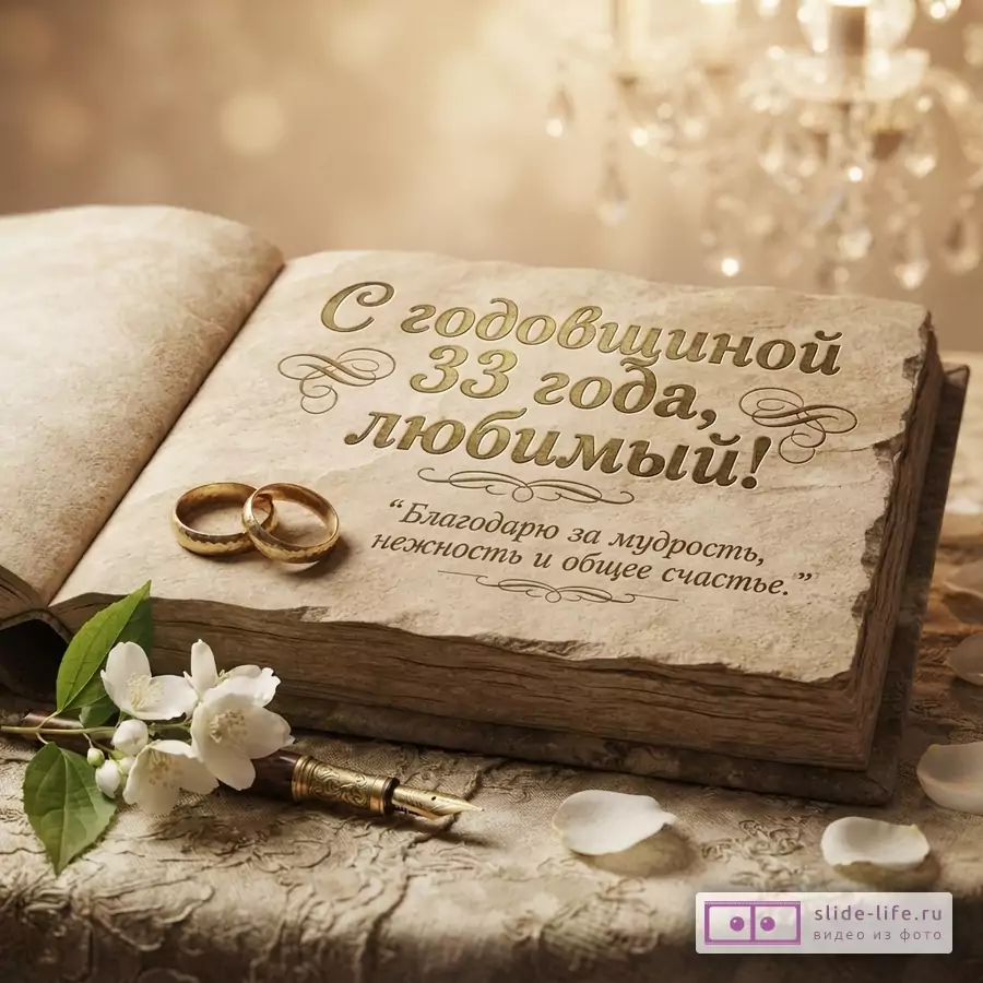 Открытая книга с золотым текстом «С годовщиной 33 года, любимый! Благодарю за мудрость, нежность и общее счастье.», два золотых кольца, белые цветы, перо, лепестки на бежевой скатерти