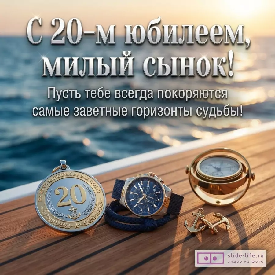 Медаль с числом 20, наручные часы, компас и золотые якоря на деревянной палубе на фоне моря с надписью «С 20-м юбилеем, милый сынок! Пусть тебе всегда покоряются самые заветные горизонты судьбы!»