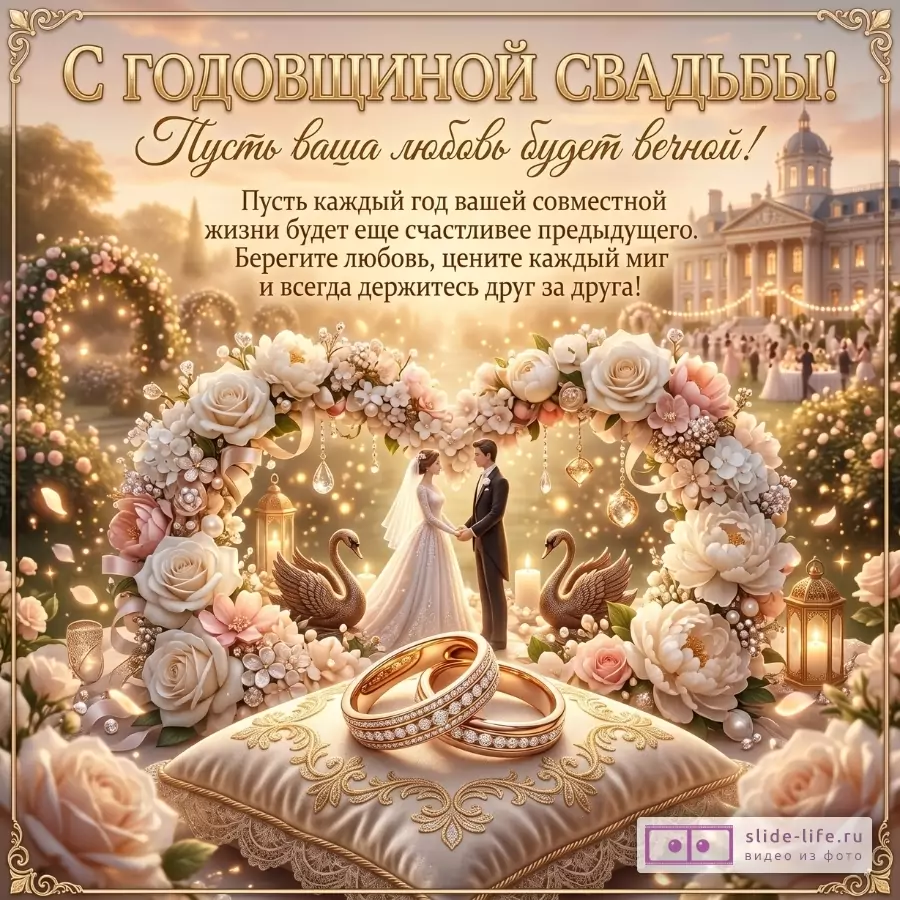 Бежево-золотая открытка с венчальными кольцами, свадебной парой, цветочной аркой и лебедями; текст: «С годовщиной свадьбы!», «Пусть ваша любовь будет вечной!»