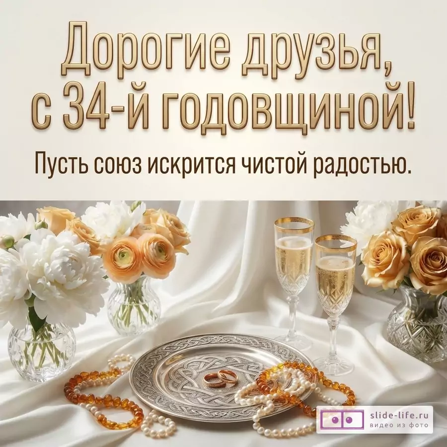 Бежевый фон, золотой текст, цветы, шампанское, кольца, бусы. Текст: «Дорогие друзья, с 34-й годовщиной! Пусть союз искрится чистой радостью.»