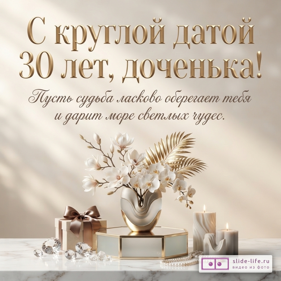 Бежевый фон, ваза с белыми цветами и золотыми листьями, подарочная коробка, свечи и надпись «С круглой датой 30 лет, доченька! Пусть судьба ласково оберегает тебя и дарит море светлых чудес».