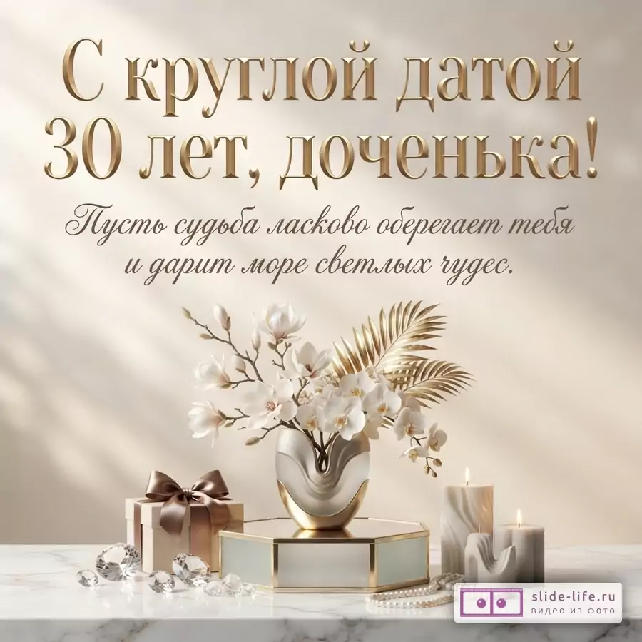 Бежевый фон, ваза с белыми цветами и золотыми листьями, подарочная коробка, свечи и надпись «С круглой датой 30 лет, доченька! Пусть судьба ласково оберегает тебя и дарит море светлых чудес».