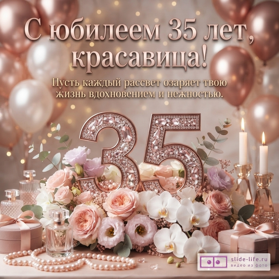 Открытка в розово-бежевых тонах с шарами, цветами, свечами и цифрами 35, текст «С юбилеем 35 лет, красавица! Пусть каждый рассвет озаряет твою жизнь вдохновением и нежностью.»