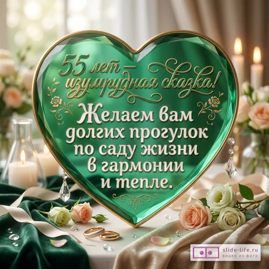Открытка с изумрудным сердцем в золотой оправе, белый и бежевый фон, свечи, белые и персиковые розы, кольца, кристаллы, текст «55 лет — изумрудная сказка! Желаем вам долгих прогулок по саду жизни в гармонии и тепле.»
