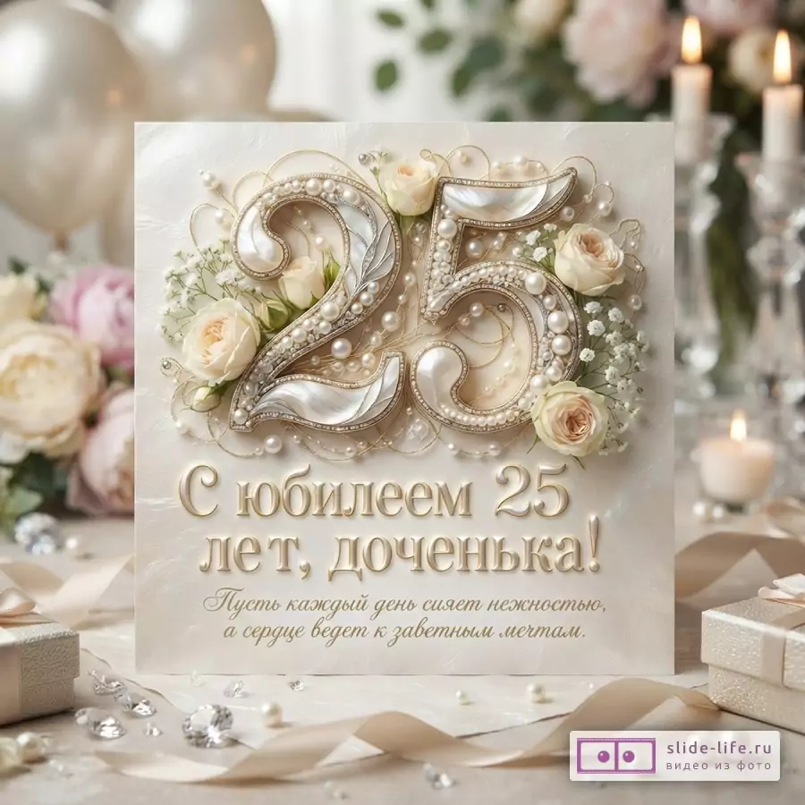 Перламутровая объемная цифра 25 с розами и жемчугом, надпись «С юбилеем 25 лет, доченька! Пусть каждый день сияет нежностью, а сердце ведет к заветным мечтам.» на фоне свечей и подарков.