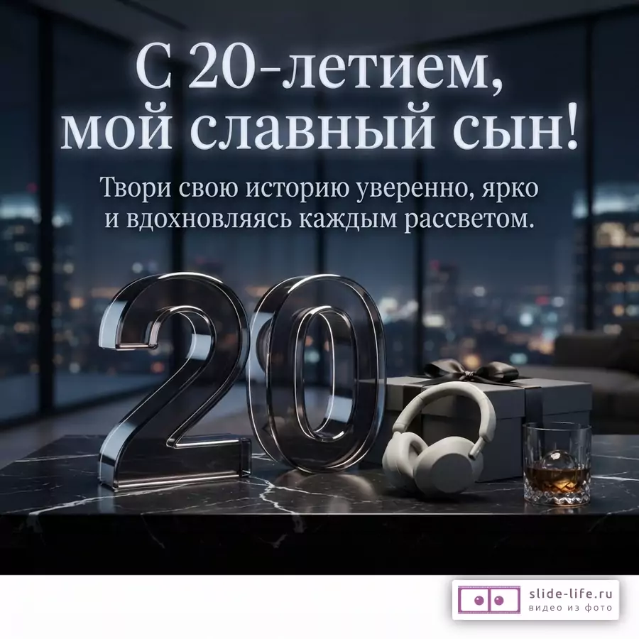 Стеклянная цифра 20, наушники, подарок и стакан на черном мраморном столе с видом на ночной город и надписью: «С 20-летием, мой славный сын! Твори свою историю уверенно, ярко и вдохновляясь каждым рассветом.»
