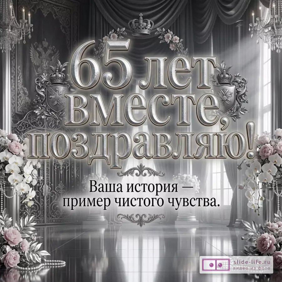 Серебристо-серый интерьер дворцового зала с шторами, люстрами, коронами, гербами, белыми орхидеями и розовыми цветами, текст «65 лет вместе, поздравляю! Ваша история — пример чистого чувства.»