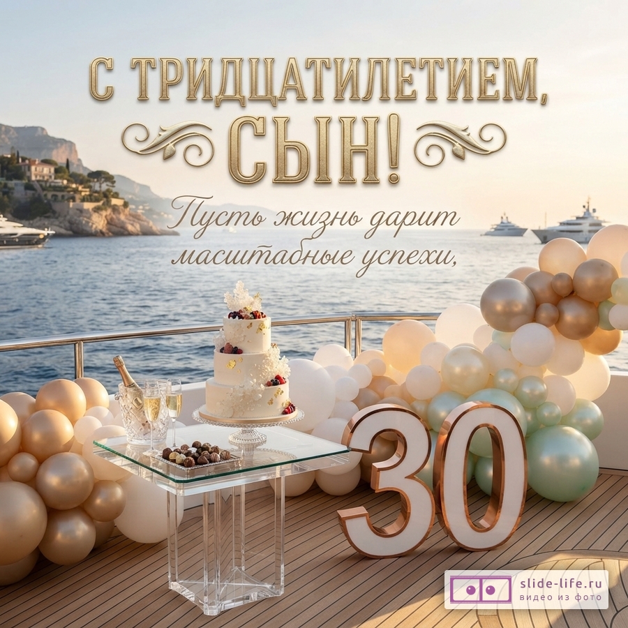 Палуба яхты в море с праздничным тортом, шарами, числом 30 и надписью «С тридцатилетием, сын! Пусть жизнь дарит масштабные успехи,».