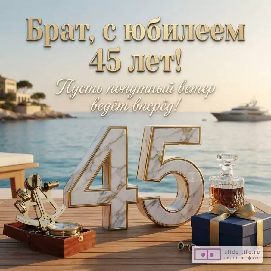 Открытка с юбилеем 45 лет. На фоне морского пейзажа с виллой и яхтой, на деревянном столе лежат компас, графин с напитком, секстант, карта, подарочная коробка и запонки. Надпись: «Брат, с юбилеем 45 лет! Пусть попутный ветер ведёт вперёд!»