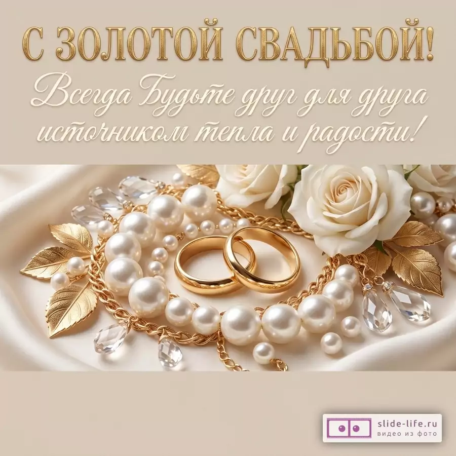 Поздравление «С ЗОЛОТОЙ СВАДЬБОЙ! Всегда будьте друг для друга источником тепла и радости!»; бежевый фон, золотые кольца, белые розы, жемчуг, золотые листья и прозрачные кристаллы.