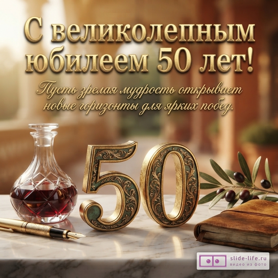 Золотые буквы на размытом фоне, на переднем плане графин с красной жидкостью, золотая ручка, объемные цифры «50» с узорами, ветка оливы, книга. Текст: «С великолепным юбилеем 50 лет! Пусть зрелая мудрость открывает новые горизонты для ярких побед.»
