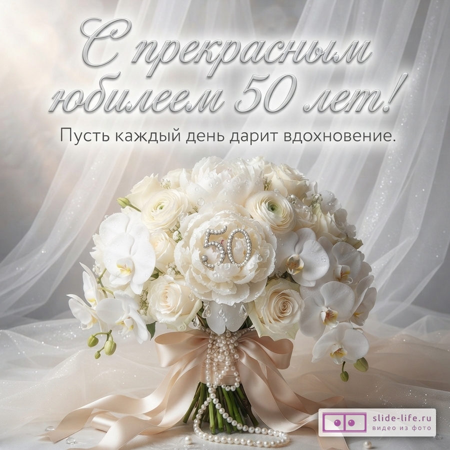 Букет белых цветов с орхидеями и розами, перевязанный бежевой лентой с жемчужными бусами, на фоне белой полупрозрачной ткани. На одном из цветов цифры «50» из страз. Текст: «С прекрасным юбилеем 50 лет! Пусть каждый день дарит вдохновение.»