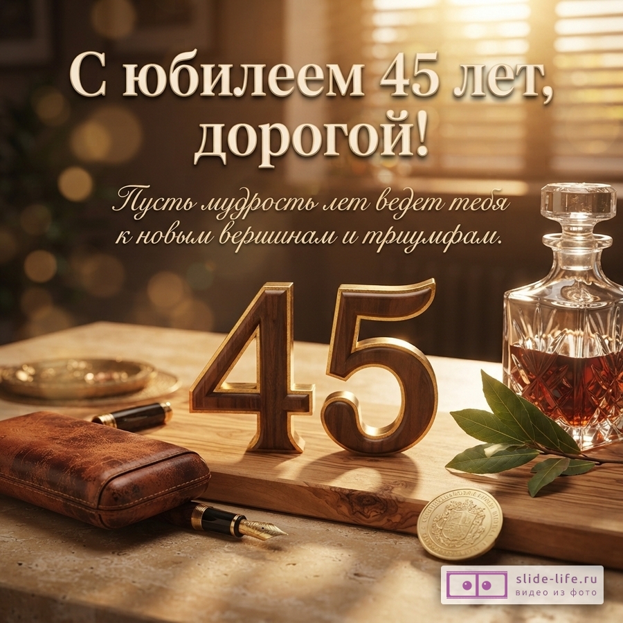 Открытка с фоном в теплых тонах, на переднем плане деревянные цифры «45», кожаный футляр для ручки, перьевая ручка, графин с напитком, лавровые листья и золотая монета. Текст: «С юбилеем 45 лет, дорогой! Пусть мудрость лет ведет тебя к новым вершинам и триумфам.»