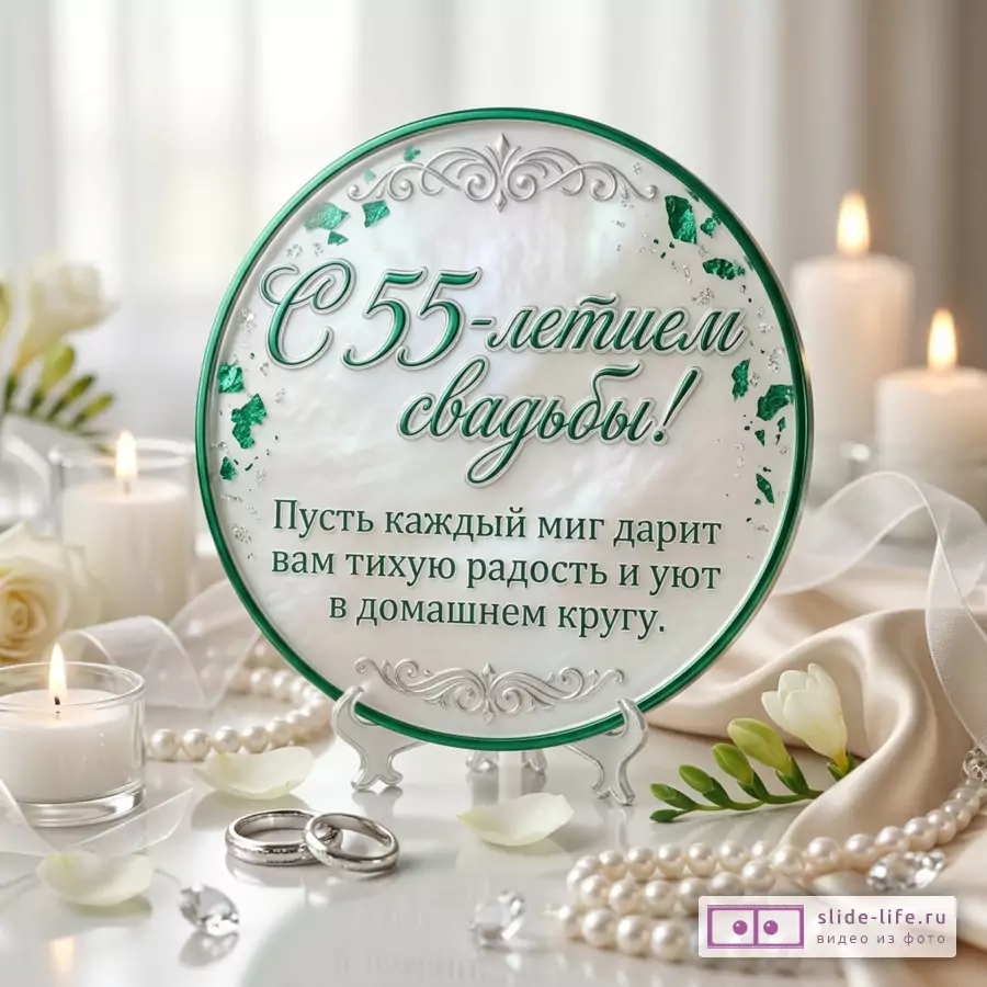 Круглая открытка с перламутровым белым фоном, зеленой каймой, серебристыми узорами и текстом «С 55-летием свадьбы! Пусть каждый миг дарит вам тихую радость и уют в домашнем кругу.» свечи, кольца, жемчуг, белые цветы