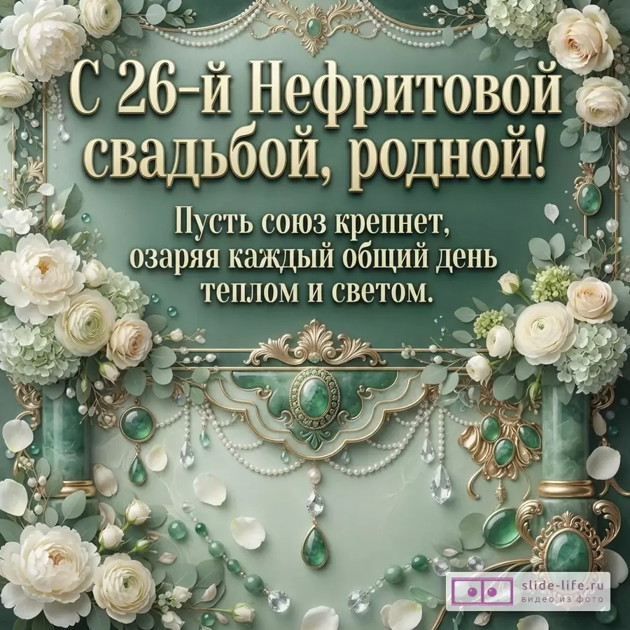 Изумрудно-зеленый фон с белыми розами, золотыми орнаментами и кристаллами нефрита. Текст: «С 26-й Нефритовой свадьбой, родной! Пусть союз крепнет, озаряя каждый общий день теплом и светом.»