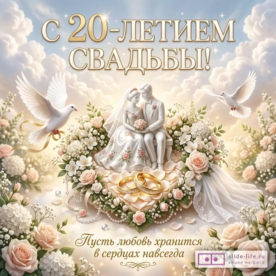 Бежево-голубой фон с облаками и сиянием, фарфоровая фигурка жениха и невесты, белые голуби, бело-розовые цветы, золотые кольца, текст «С 20-ЛЕТИЕМ СВАДЬБЫ!» и «Пусть любовь хранится в сердцах навсегда»