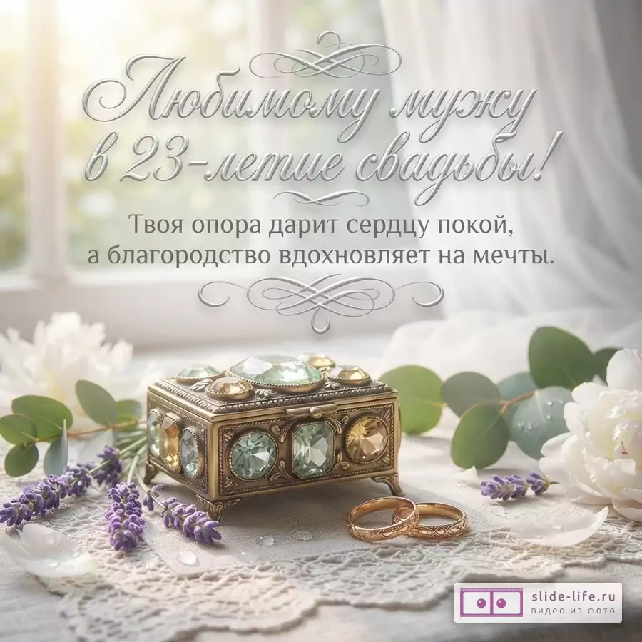 Винтажная шкатулка с бериллами, два золотых кольца, лаванда и белые цветы на кружеве у окна. Текст: «Любимому мужу в 23-летие свадьбы! Твоя опора дарит сердцу покой, а благородство вдохновляет на мечты.»