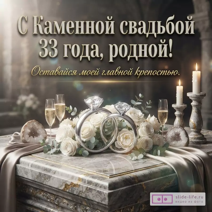 Изображение с текстом «С Каменной свадьбой 33 года, родной! Оставайся моей главной крепостью.» на фоне мраморного стола с обручальными кольцами, белыми розами, бокалами шампанского и свечами.