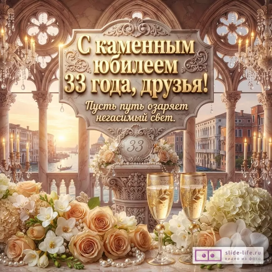 Фон с видом на Венецию, колонны, арки, люстры, цветы, бокалы с шампанским. В центре рамка с текстом «С каменным юбилеем 33 года, друзья! Пусть путь озаряет негасимый свет.»