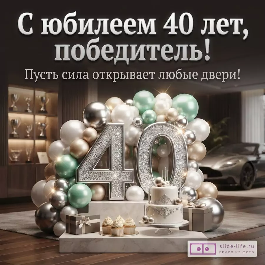 Фон темный. В центре композиция из шаров белого, мятного, золотого и серебряного цветов. В центре композиции большие серебряные цифры «40». Справа от цифр двухъярусный торт белого цвета, слева три капкейка. Рядом с тортом и капкейками подарочные коробки. На заднем плане стеллаж с кубками и автомобиль. Текст: «С юбилеем 40 лет, победитель! Пусть сила открывает любые двери!»