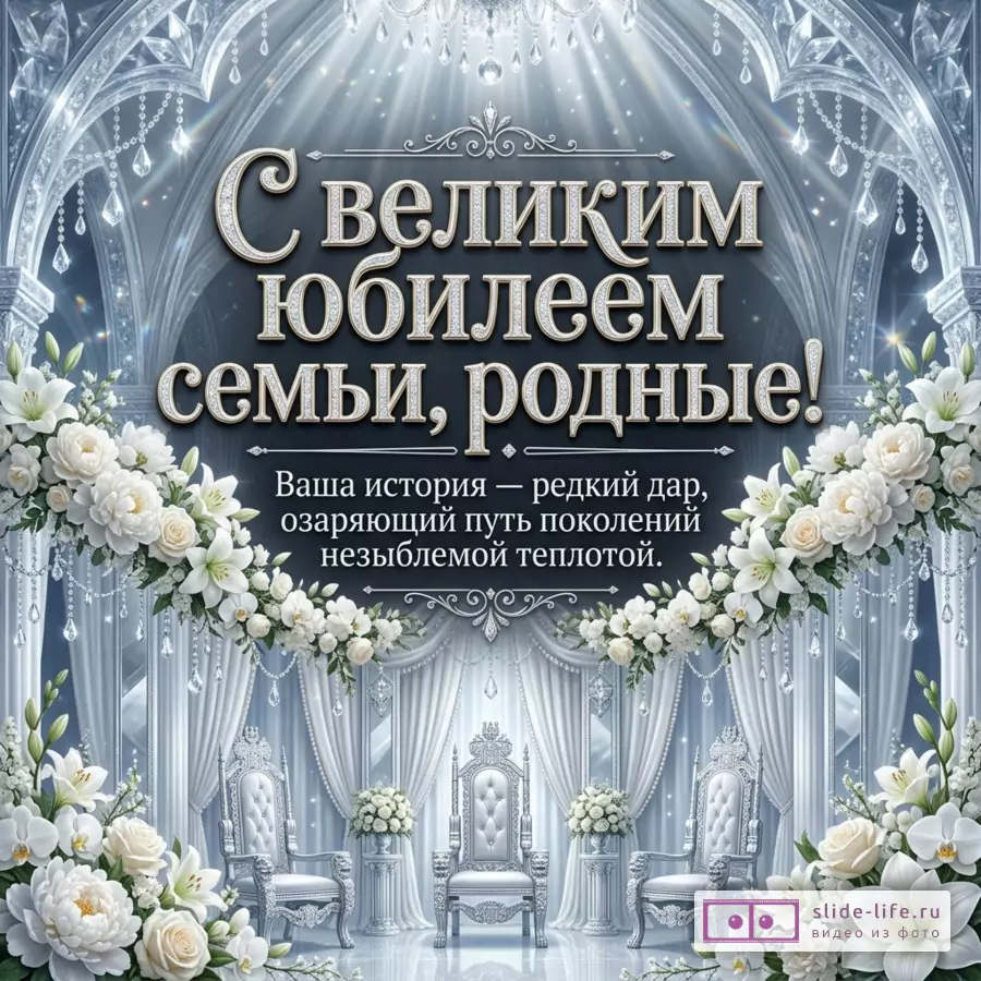 Серебристо-голубой фон с арками, хрустальными подвесками, белыми цветами и тремя резными креслами, текст «С великим юбилеем семьи, родные! Ваша история — редкий дар, озаряющий путь поколений незыблемой теплотой.»