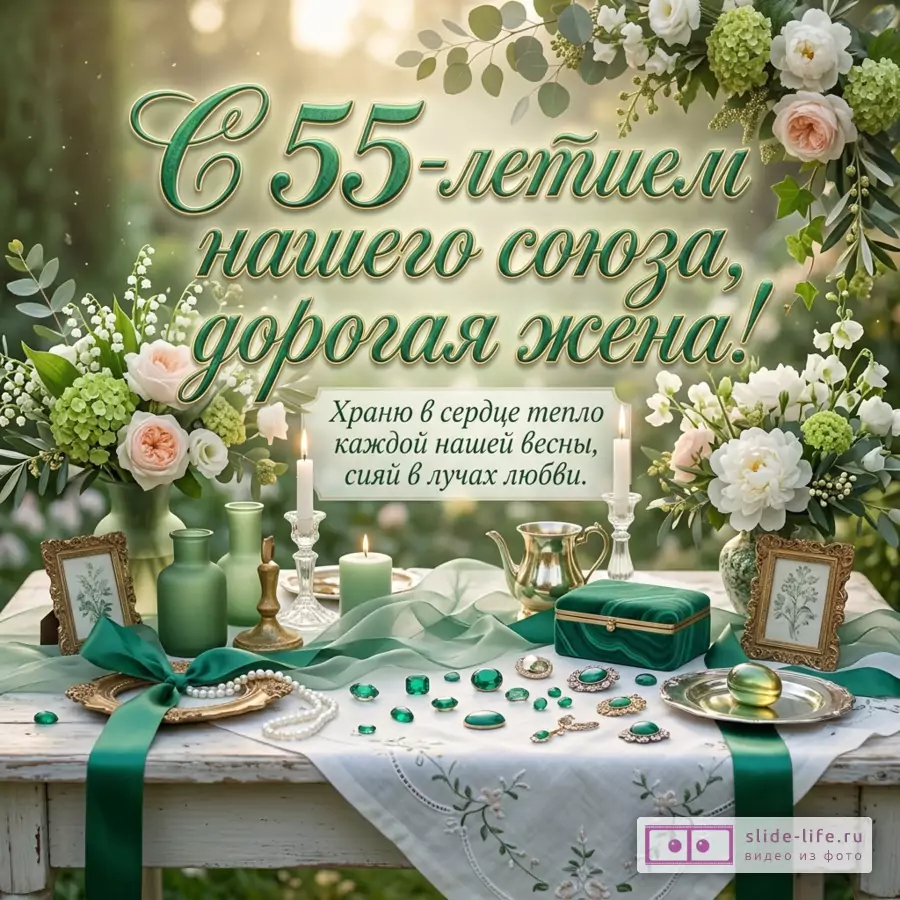 Открытка с текстом «С 55-летием нашего союза, дорогая жена! Храню в сердце тепло каждой нашей весны, сияй в лучах любви.» зеленый и кремовый фон, белые и розовые цветы, свечи, изумрудные украшения, шкатулка, ленты, вазы, рамки