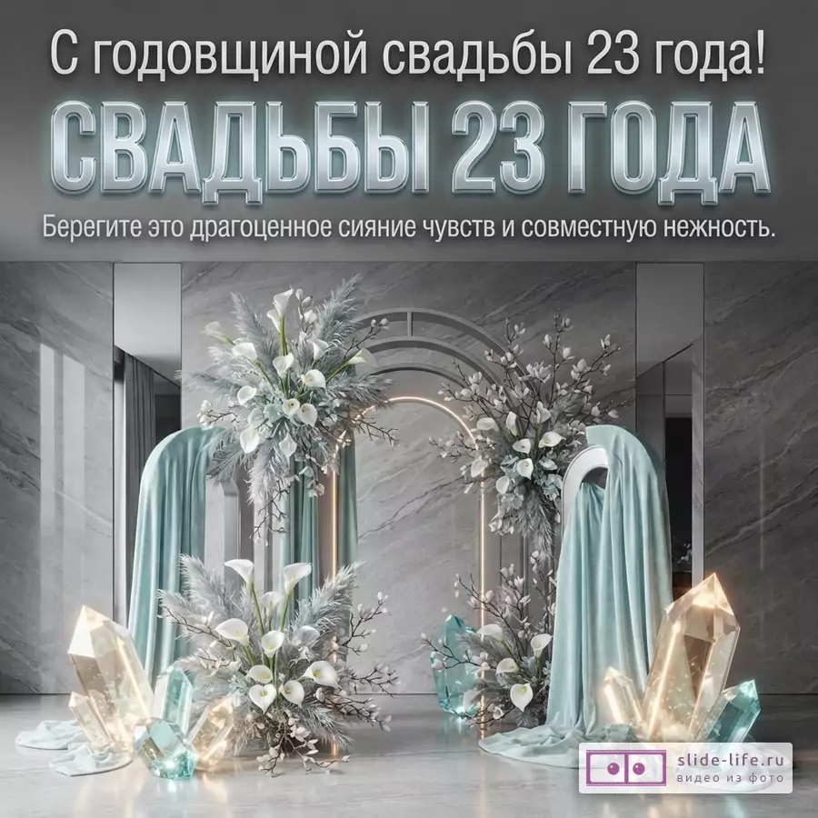Текст «С годовщиной свадьбы 23 года! СВАДЬБЫ 23 ГОДА Берегите это драгоценное сияние чувств и совместную нежность.» на сером мраморном фоне с бирюзовыми драпировками, белыми цветами и кристаллами.