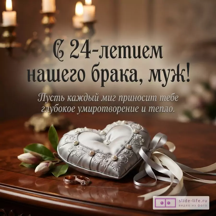 Серебристая атласная подушечка в форме сердца, обручальные кольца и свечи на деревянном столе с текстом «С 24-летием нашего брака, муж! Пусть каждый миг приносит тебе глубокое умиротворение и тепло.»