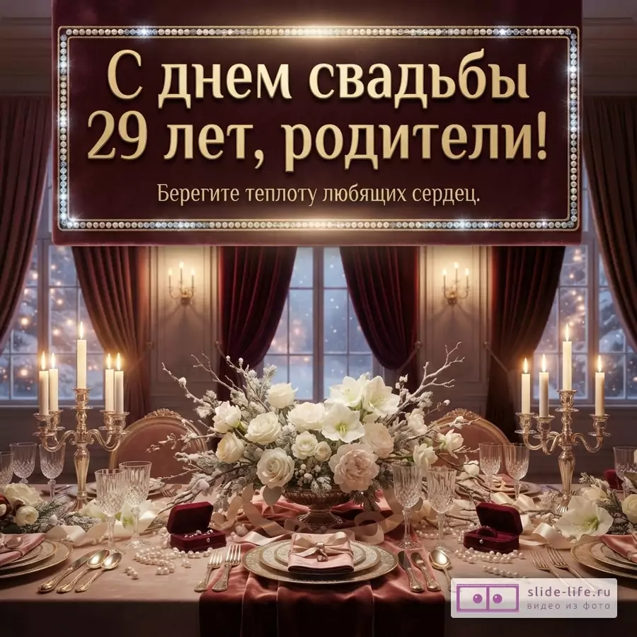 Бордовая открытка с золотой рамкой, текст «С днем свадьбы 29 лет, родители! Берегите теплоту любящих сердец.», праздничный стол с цветами и свечами