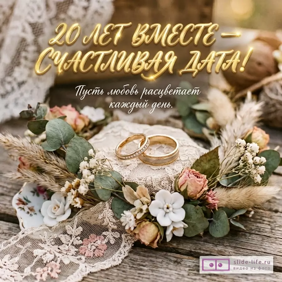 Бежево-коричневый фон, кружево, золотые обручальные кольца, белые и розовые цветы, зелёные листья, сухоцветы. Текст: «20 ЛЕТ ВМЕСТЕ — СЧАСТЛИВАЯ ДАТА! Пусть любовь расцветает каждый день.»