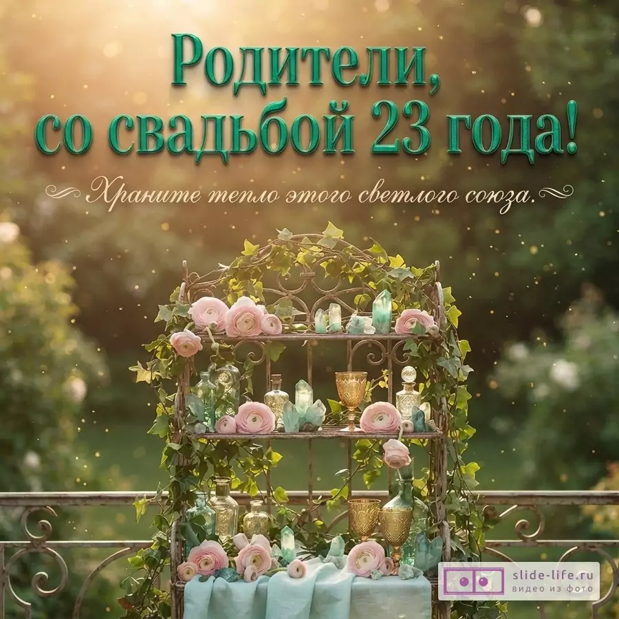 Кованая этажерка с розовыми цветами, бокалами и кристаллами на фоне зеленого сада с текстом «Родители, со свадьбой 23 года! Храните тепло этого светлого союза.»