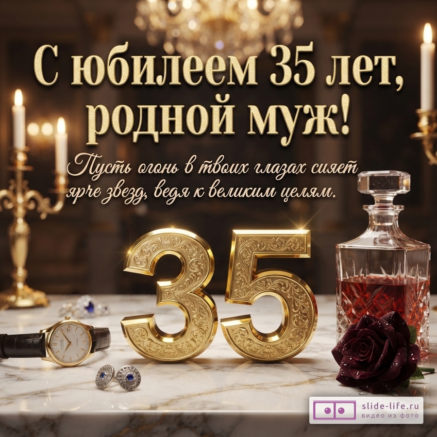 Золотые объемные цифры 35, наручные часы, хрустальный графин, запонки и темная роза на мраморном столе с текстом «С юбилеем 35 лет, родной муж! Пусть огонь в твоих глазах сияет ярче звезд...»