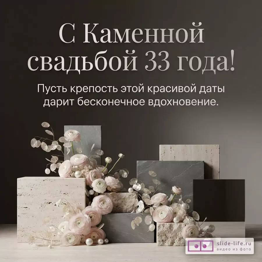 Темно-серый фон, сверху надпись белым градиентом «С Каменной свадьбой 33 года! Пусть крепость этой красивой даты дарит бесконечное вдохновение.». Внизу композиция из каменных блоков бежевого и серого цвета, украшенная розовыми цветами и жемчугом.